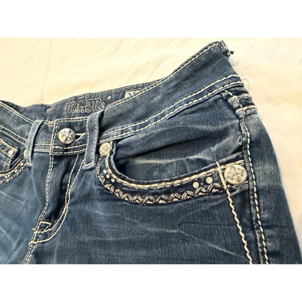 Miss Me Embellished Denim Shorts Dark Wash Raw Hem Size 27 JP5109G2R